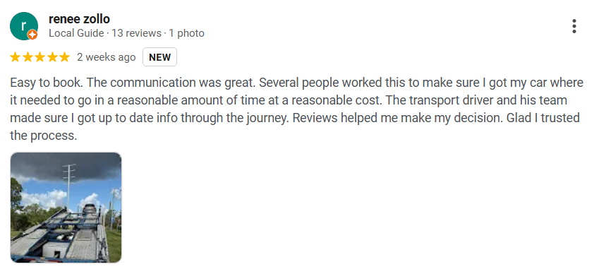 Google customer review praising AutoStar Transport Express for great communication.