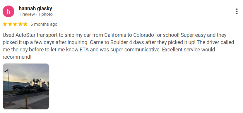 Google testimonial appreciating AutoStar Transport Express for clear and transparent communication.
