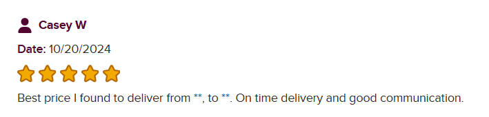 BBB review praising AutoStar Transport Express for best pricing and timely delivery.