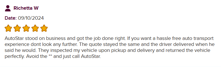 Customer feedback on BBB complimenting AutoStar Transport Express for no quote changes