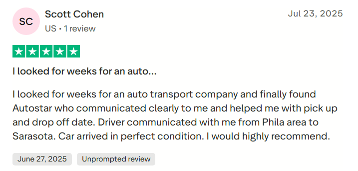 Customer review screenshot showing AutoStar Transport Express praised for clear communication.