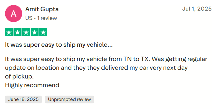 Customer review screenshot showing AutoStar Transport Express praised for staying updated.