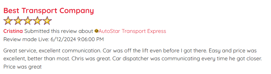 Transport Reviews customer review praising the company’s fair pricing and service quality.
