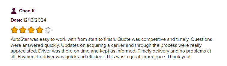 BBB customer review mentioning our timely car shipping service.