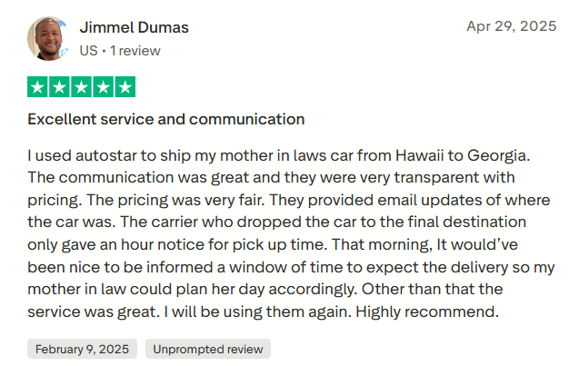 Trustpilot customer review screenshot mentioning the fair pricing and communication
