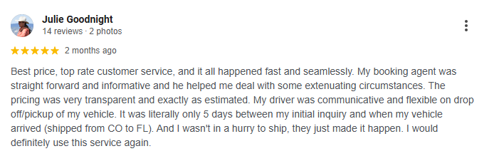Customer feedback on Google complimenting AutoStar Transport Express for upfront pricing.
