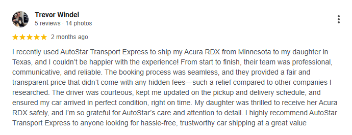 Google review praising AutoStar Transport Express for fair pricing and no hidden fees