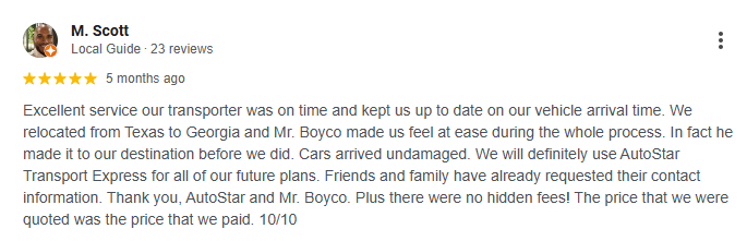 Google customer review praising AutoStar Transport Express for no unexpected price changes.