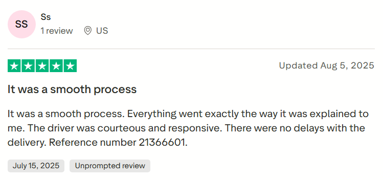 Trustpilot review screenshot showing positive feedback on our fast delivery.
