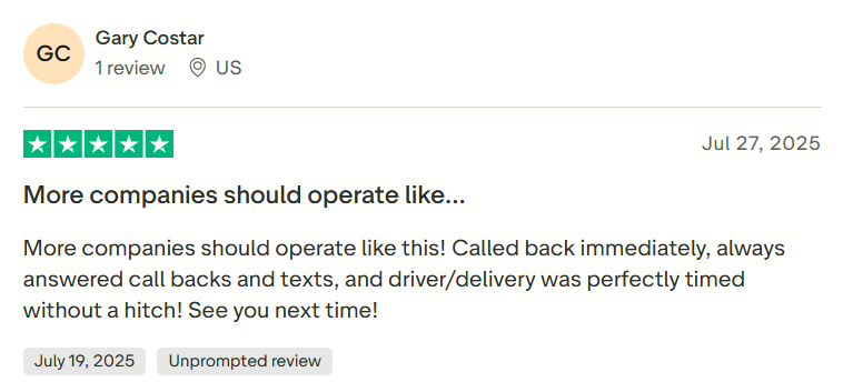 Customer review on Trustpilot praising AutoStar Transport Express for timely, responsive service