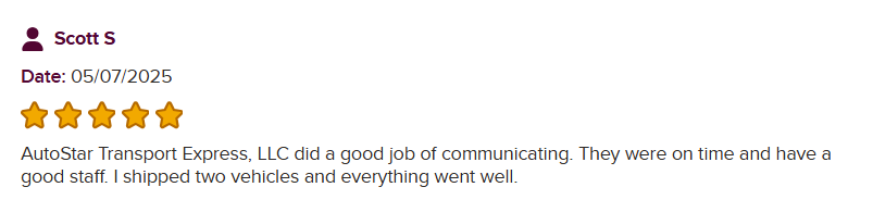 BBB review describing a positive experience with our timely & overall car shipping service.