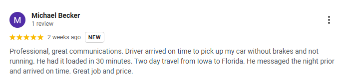 Google review screenshot showing positive feedback on fast delivery & communication.