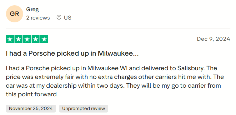 Trustpilot customer review highlighting our transparent car shipping costs.