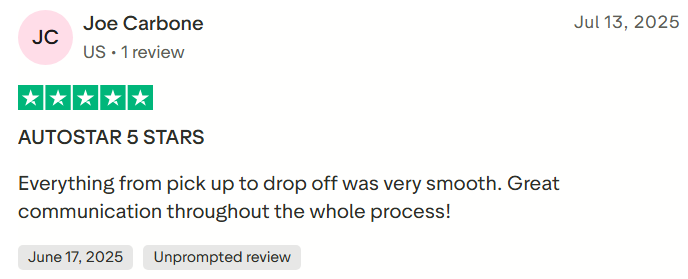 Trustpilot feedback praising us for great communication throughout the car shipping process.