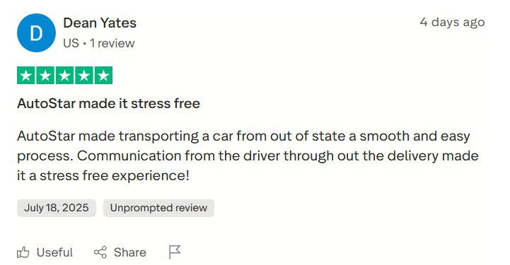 Customer review on Trustpilot praising AutoStar Transport Express for responsive communication