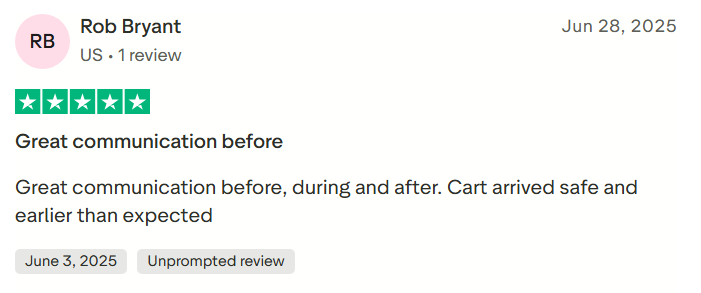 Trustpilot customer review praising AutoStar Transport Express for great communication throughout.