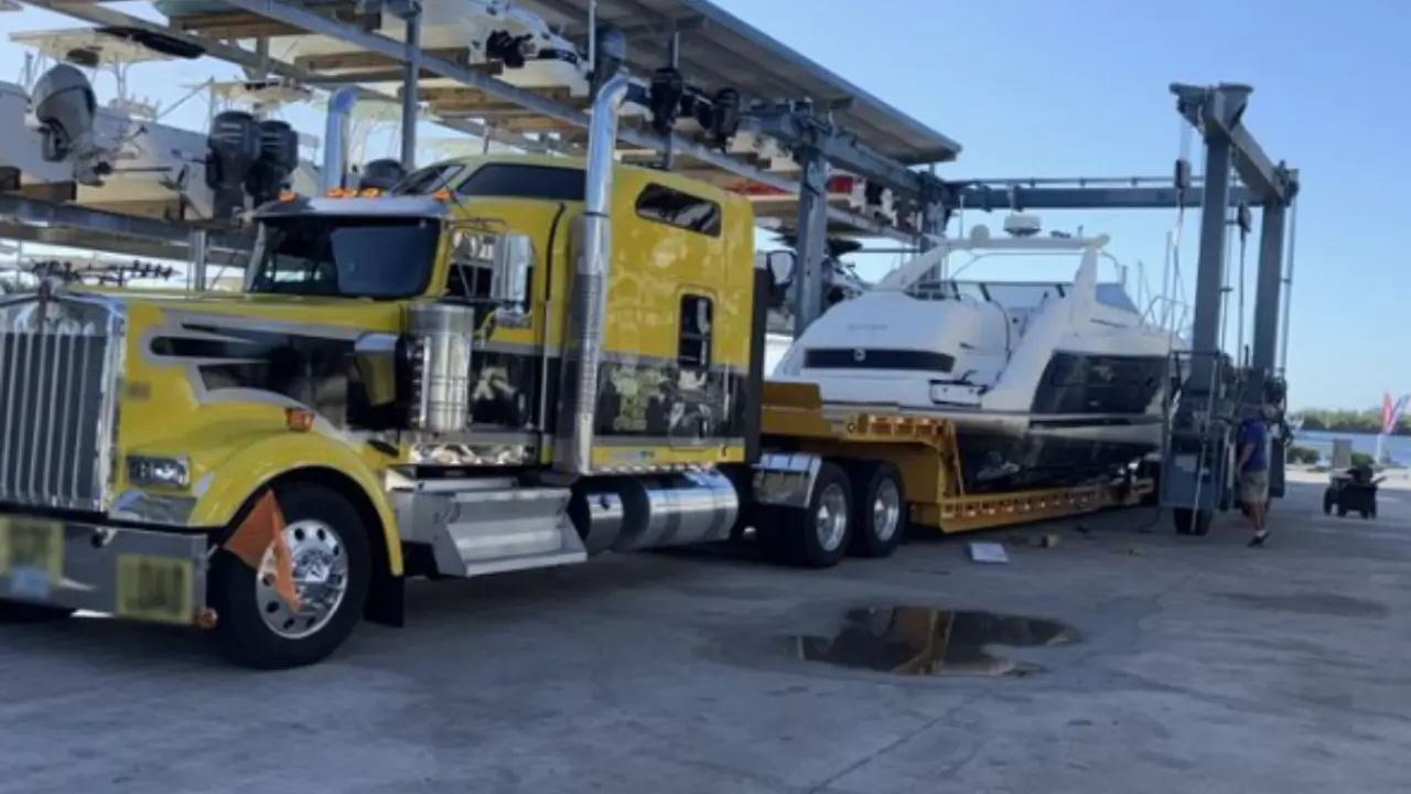 Yellow semi-truck from AutoStar Transport Express hauling a large white boat at a marina