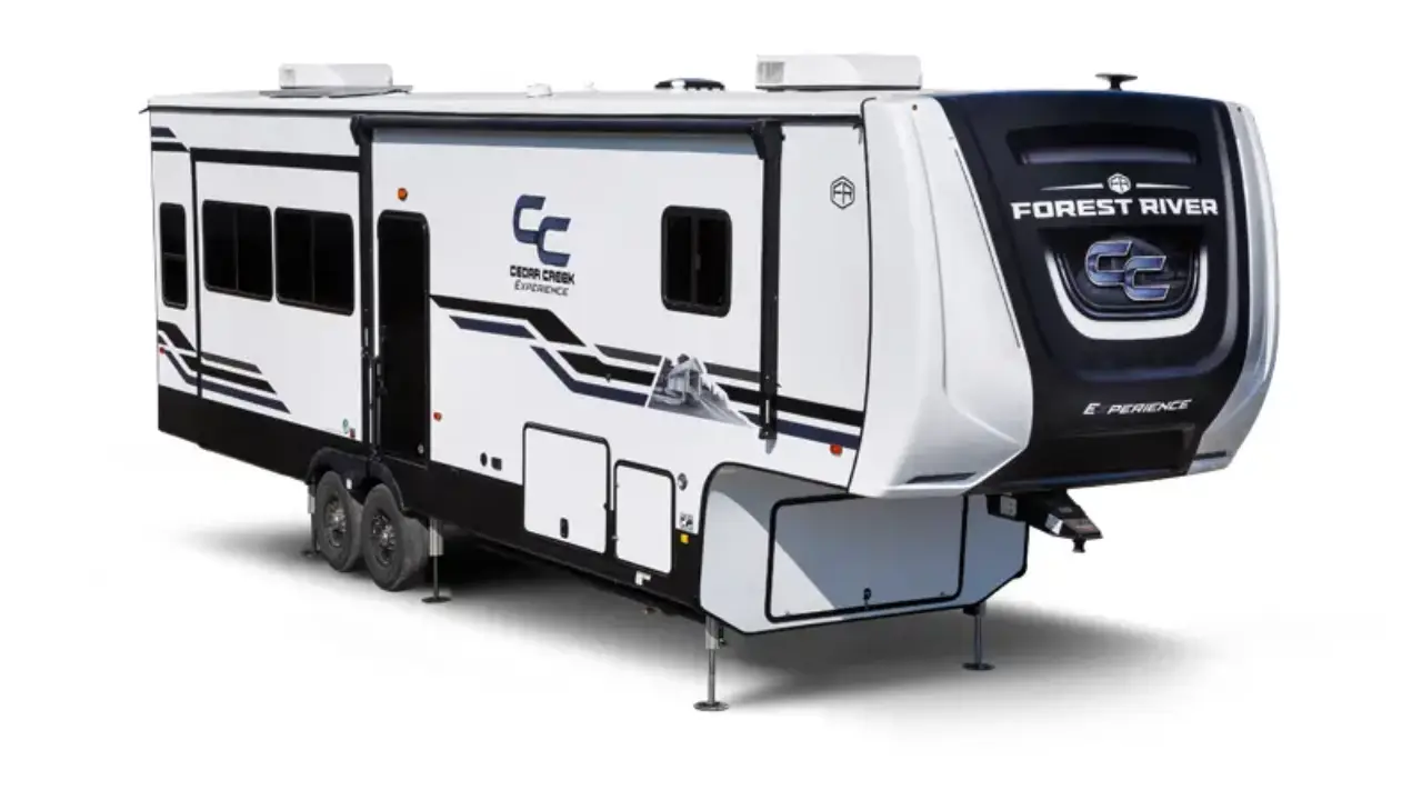 Forest River Cedar Creek fifth wheel RV exterior with durable construction and large, multi-slide layout.