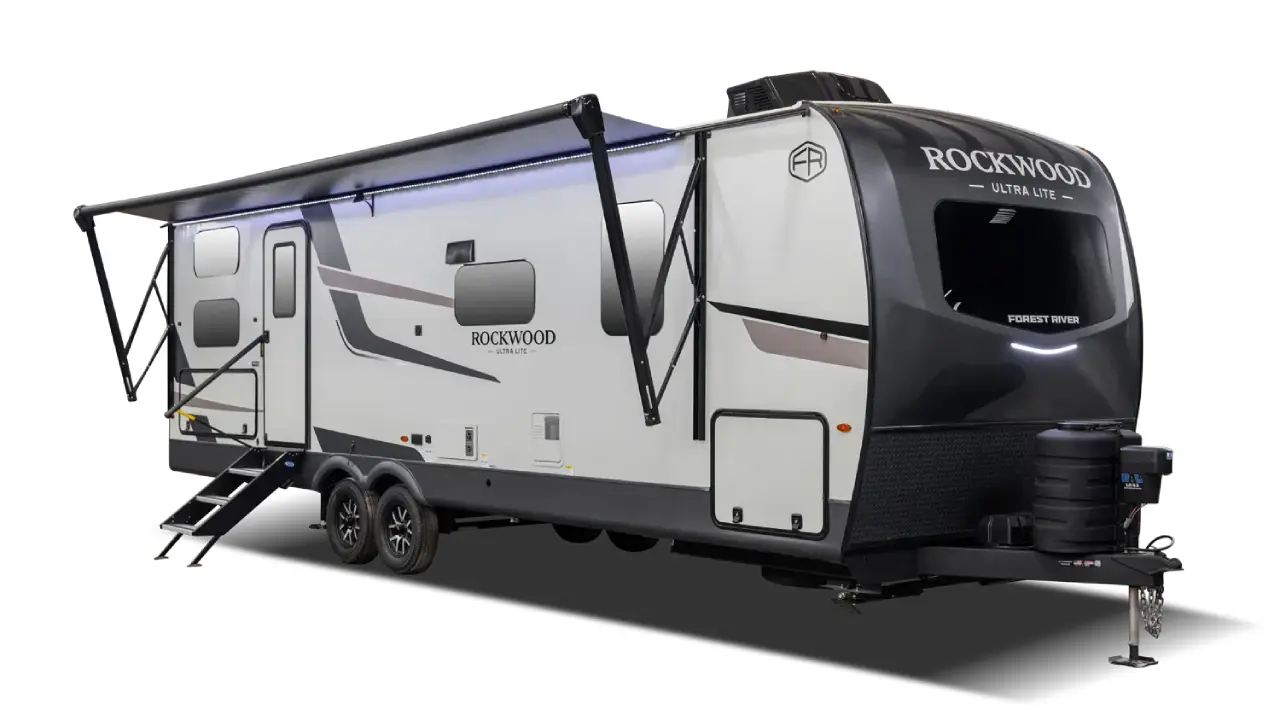 Forest River Rockwood Ultra Lite travel trailer RV exterior showing slide-outs and lightweight design.