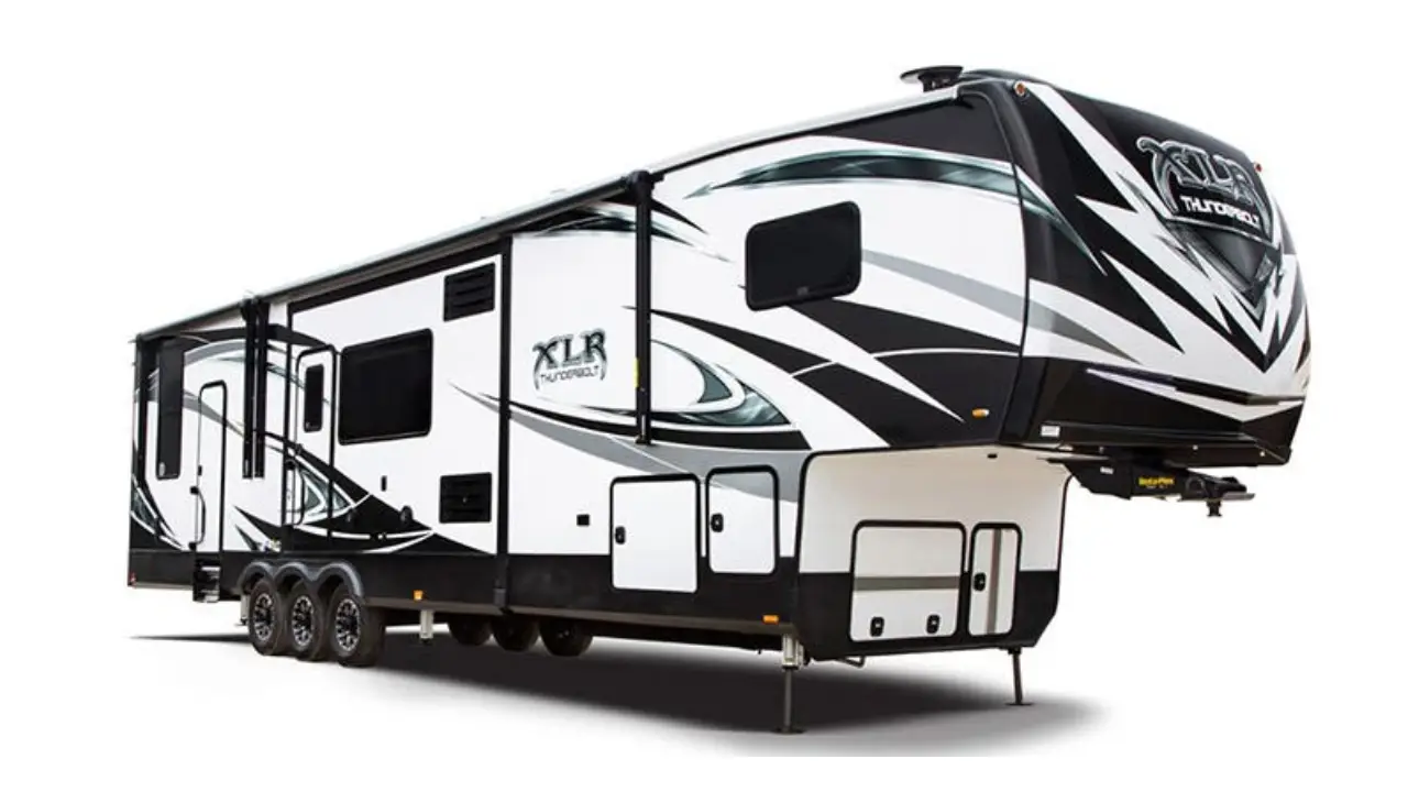 Forest River XLR Thunderbolt toy hauler RV exterior featuring multi-use garage space and durable body.