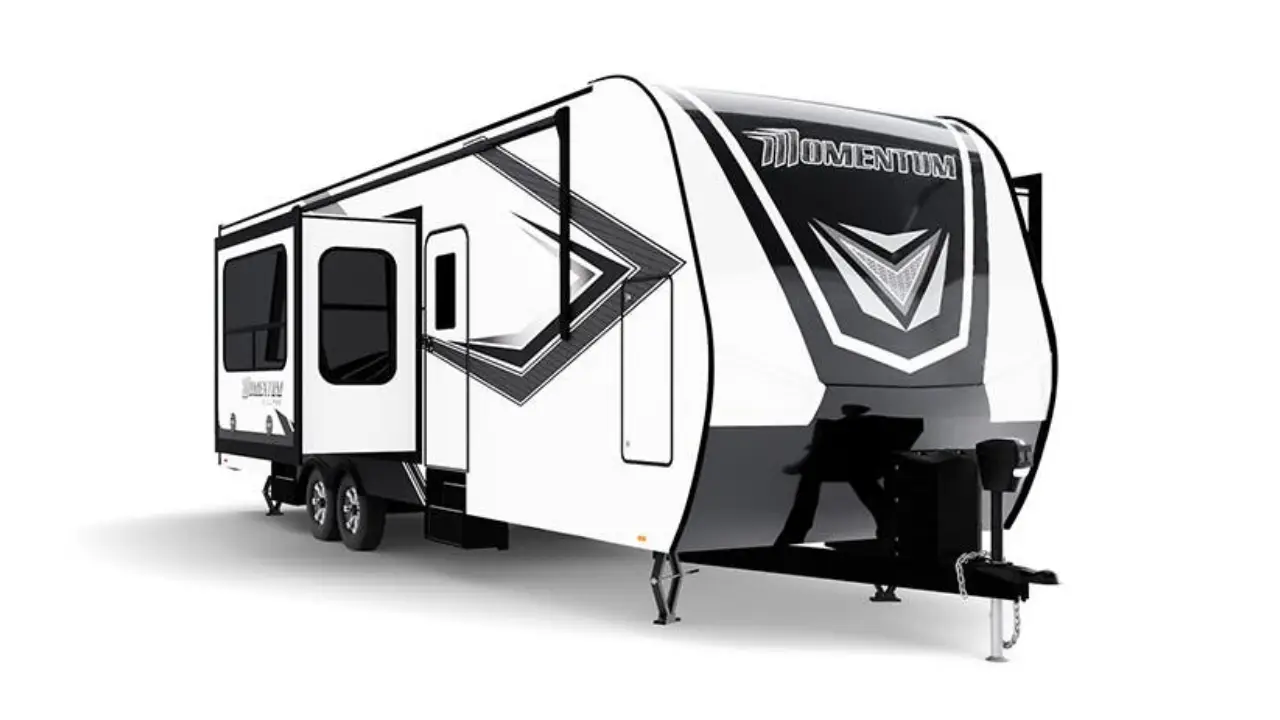 Grand Design Momentum toy hauler RV exterior with spacious design and separate garage section.