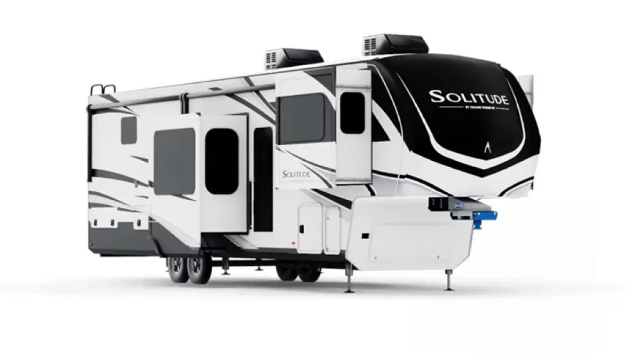 Grand Design Solitude fifth wheel RV exterior highlighting sleek design and spacious, extended layout.