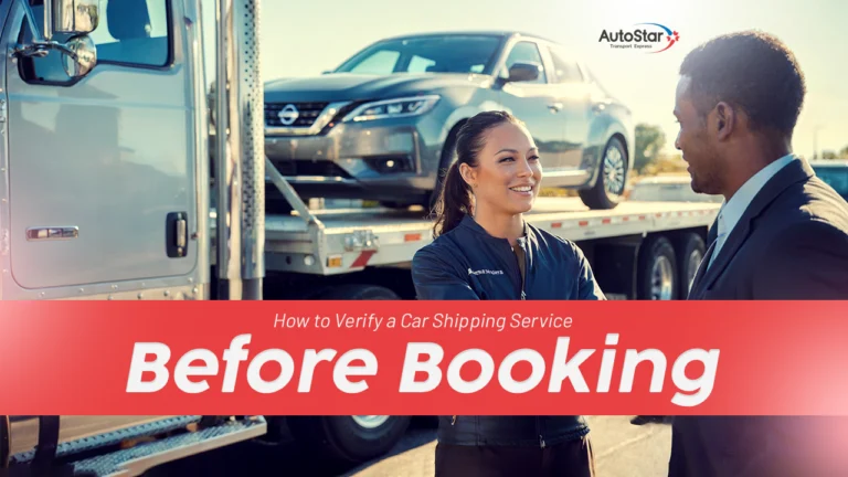 an AutoStar Transport Express representative discussing car shipping verification with a client before booking, next to a car hauler.