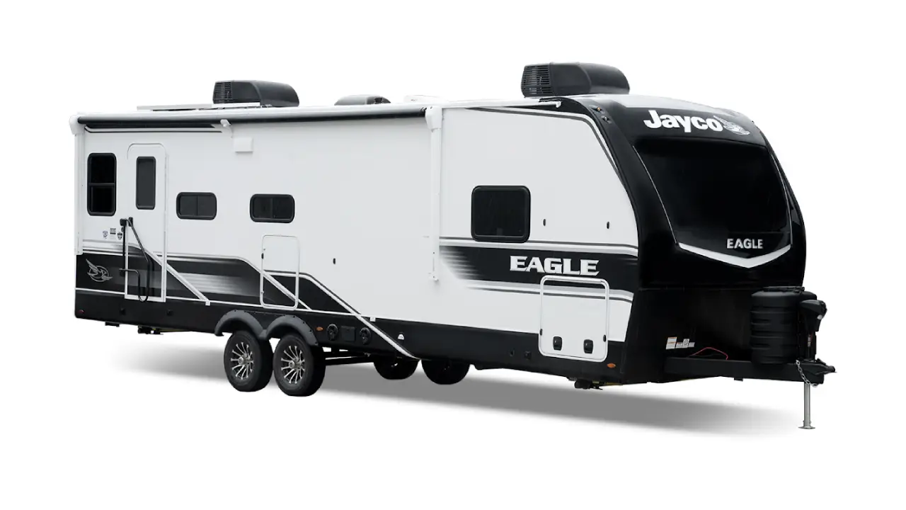 Jayco Eagle HT travel trailer RV exterior with multiple slide-outs for expanded living space.