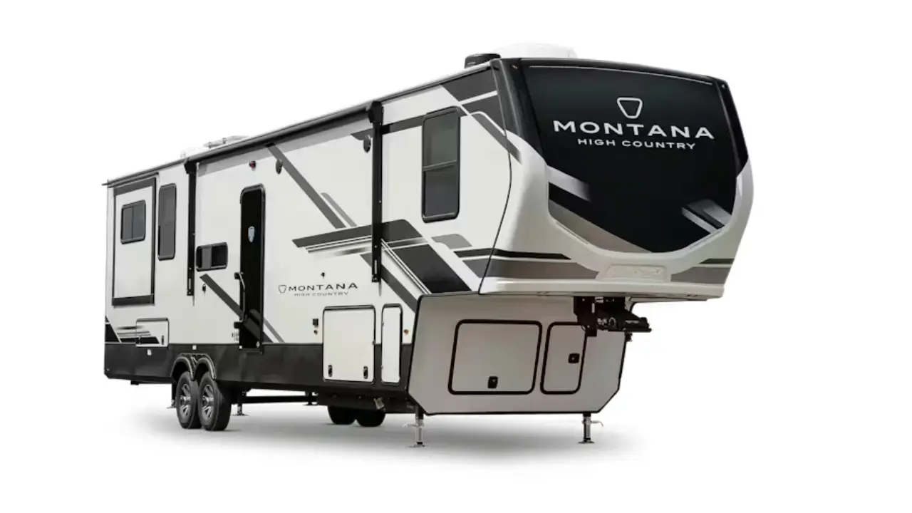 Exterior of Keystone Montana fifth wheel RV with large size, multiple slide-outs, and residential-style profile.