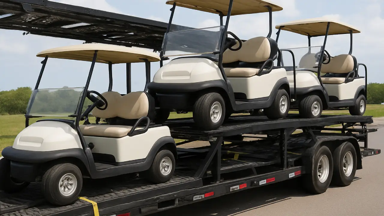 Multiple golf carts being transported using an open auto transport service