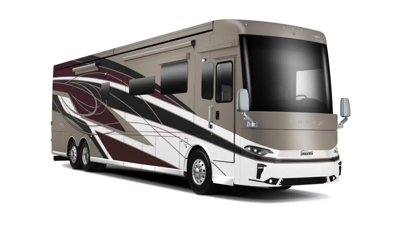 Newmar Dutch Star Class A motorhome RV exterior showing luxury motorhome profile and modern paint graphics.