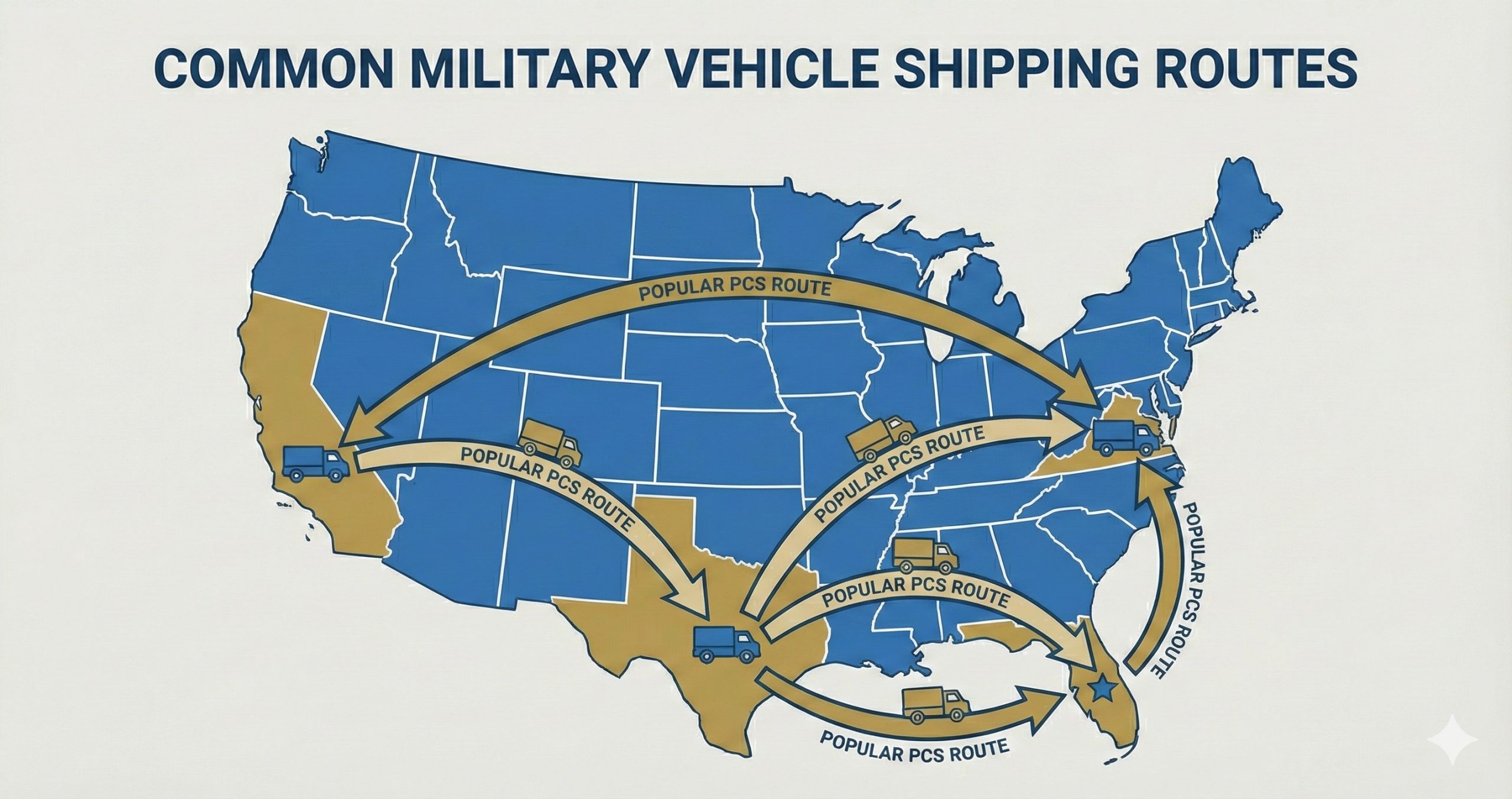 Map showing popular military vehicle shipping routes