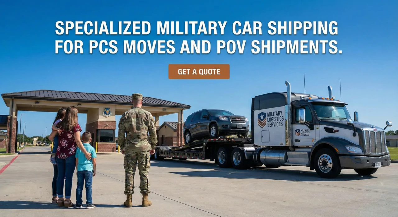 Specialized military car shipping services for PCS moves and POV shipments, featuring a professional auto transport carrier